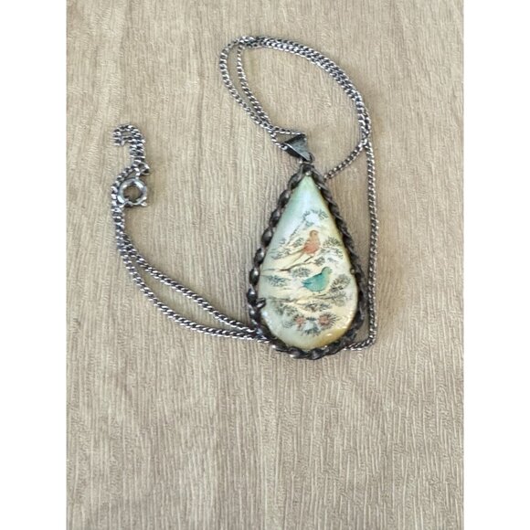Vintage Persian Hand-Painted Teardrop Pendant Necklace W/ Horse & Bird Design Mo - Picture 6 of 6